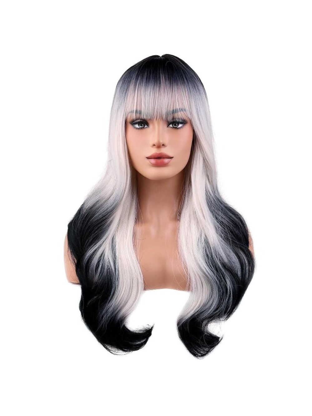 Women's Black Ombre White BERON Long Ombre Wig for Curly Wavy Synthetic Hairs